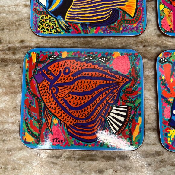 Rare VTG Jenny Kee Set Of 6 Coasters Cork Back Barrier Reef Tropical Fish - Picture 3 of 13